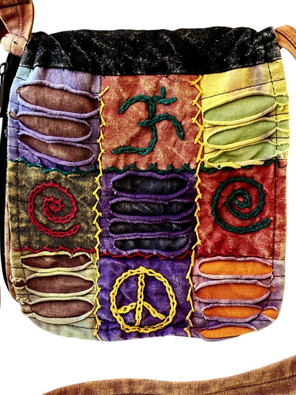 Colorful Patchwork Boho Hippie Crossbody Bag Flap Zip Expandable Made in Nepal